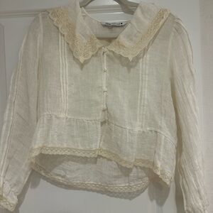 Zara Cream Lace-Trim Collared Blouse
